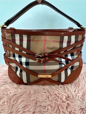 Authentic Burberry Brown Check Canvas Shoulder Bag with Leather Trim